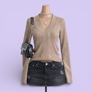 Vintage Y2K Ribbed Taupe V-Neck Sweater Size Medium Casual Stretch Winter Boho